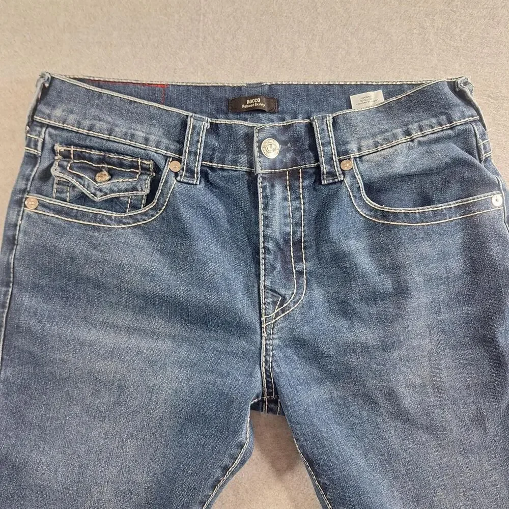 True Religion Rocco Big T Relaxed Skinny Jeans Y2K Dark Wash 33